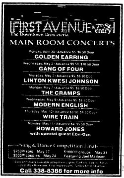 Golden Earring show ad April 30, 1984 Minneapolis - First Avenue Club